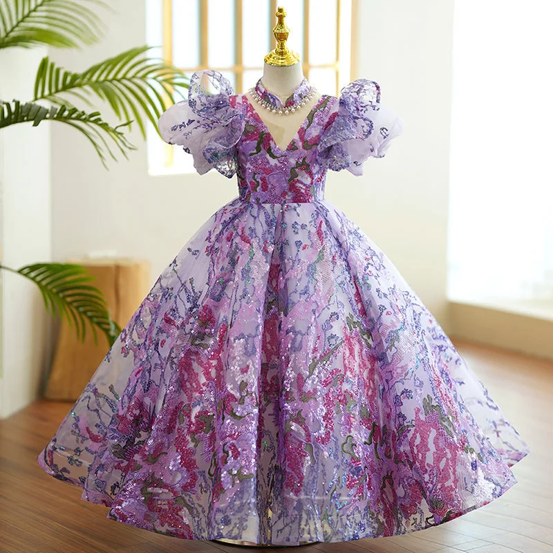 The Best Prices Baby Girl and Todler Communion Dress Flowers Purple Sequins Puffy Birthday Princess Dress