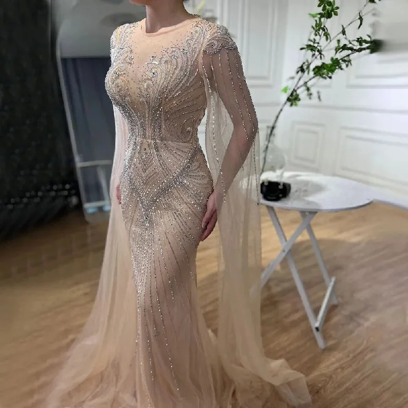 Early Access Serene Hill Arabic Nude Mermaid Cape Sleeves Elegant Beaded Evening Dresses Luxury Gowns 2024 For Women Wedding Party LA72165