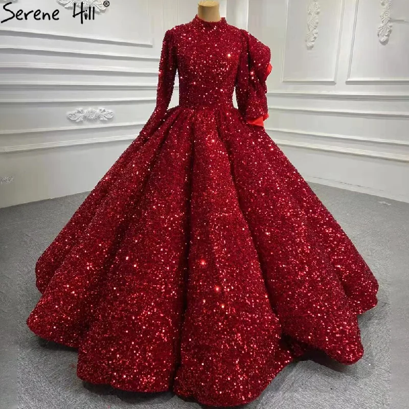 Can't Miss Serene Hill Muslim Wine Red Sequined Wedding Dresses 2024 Long Sleeves Luxury Sparkle Bridal Gowns HA2522 Custom Made