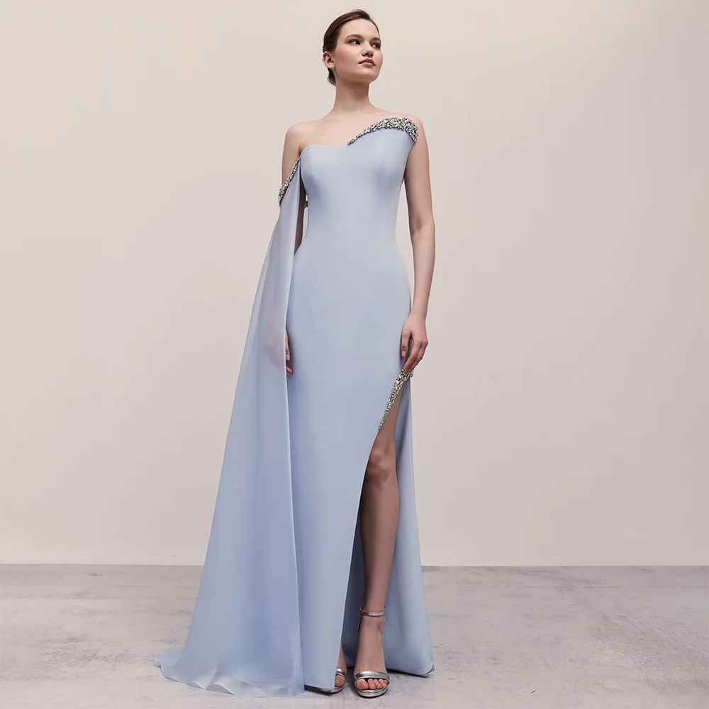 Bargain Bin SERENE HILL Blue Satin Mermaid One Shoulder Elegant Cape Sleeve Beaded Evening Dress Women's Party Gown with High Split LA72504 Bargain Bin SERENE HILL Blue Satin Mermaid One Shoulder Elegant Cape Sleeve Beaded Evening Dress Women's Party Gown with High Split LA72504