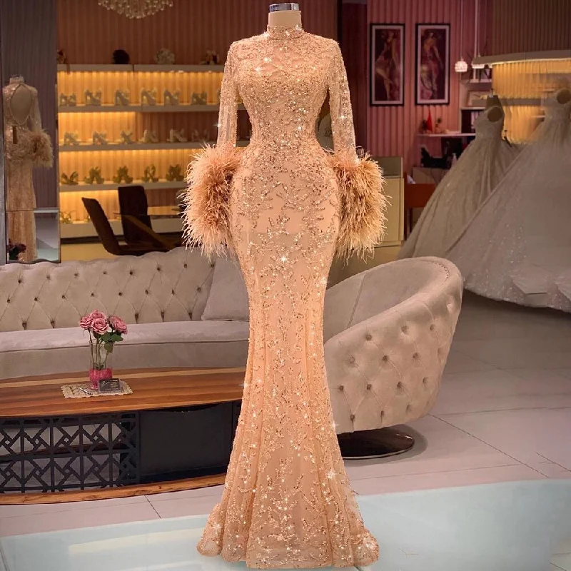 Huge Savings Serene Hill Muslim Rose Gold Elegant Evening Dresses Gowns 2024 Feather Beaded Mermaid Luxury For Women Party LA71514