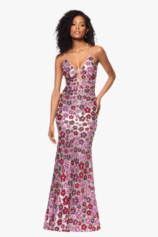 Don't Miss "Rava" Sequin V-Neck Illusion Mesh Insert Floor Length Dress