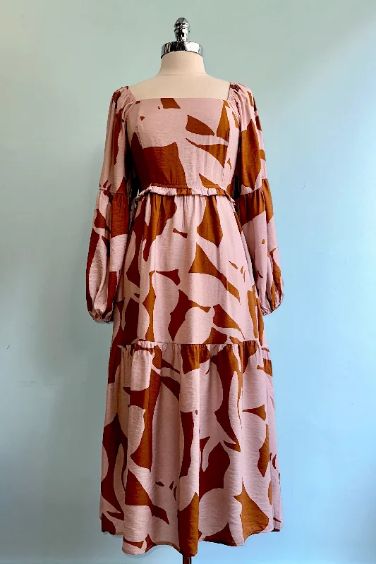 Great Deals Abstract Pink and Brown Lantern Sleeve Midi Dress