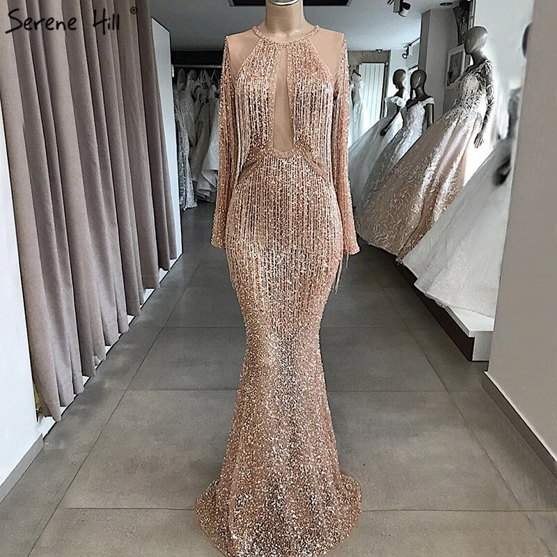 Sneak Peek Sale On Sale no return no refundSale Rose Gold Mermaid Long Sleeve Evening Dresses 2024 Sequined Beading Tassel Luxury Formal Dress Serene Hill LA70037