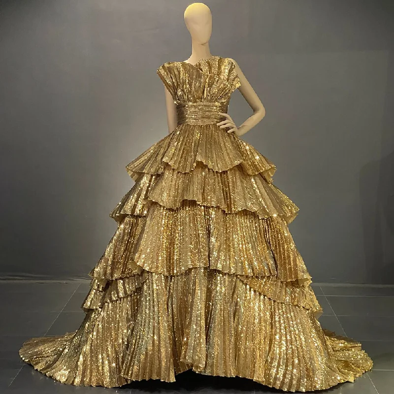 Early Access Serene Hill Gold A-Line Ruffles Scalloped Neck Evening Dresses Gowns Luxury 2024 For Women Party Couture LA71753