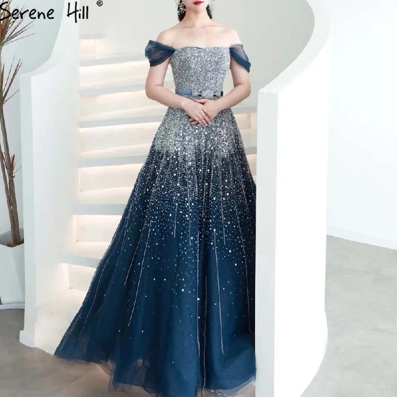 Lowest Price Serene Hill Blue Luxury A-Line Evening Dresses Gowns 2024 Beaded Bling Lace Up For Women Party LA71157A
