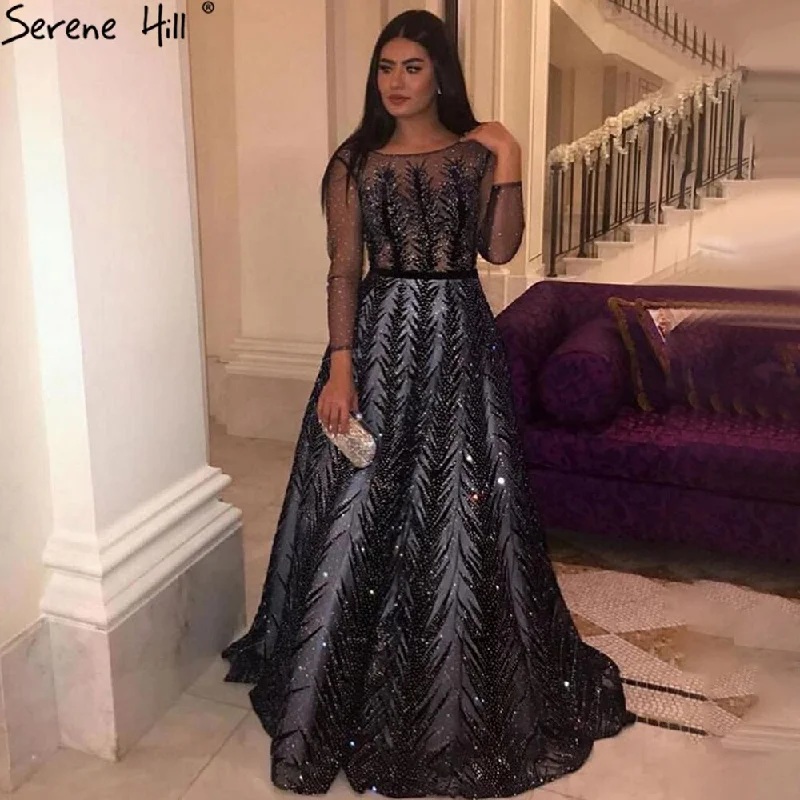 Take Advantage Serene Hill Navy Blue Muslim Velvet Evening Dresses Gowns 2024 Beaded Luxury A-Line For Woman Party LA71078
