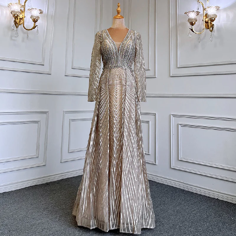 Reduced Prices Serene Hill Gold Muslim A-Line V-Necck Evening Dresses Long Arm Gowns Luxury Beaded 2024 For Women Party LA71701
