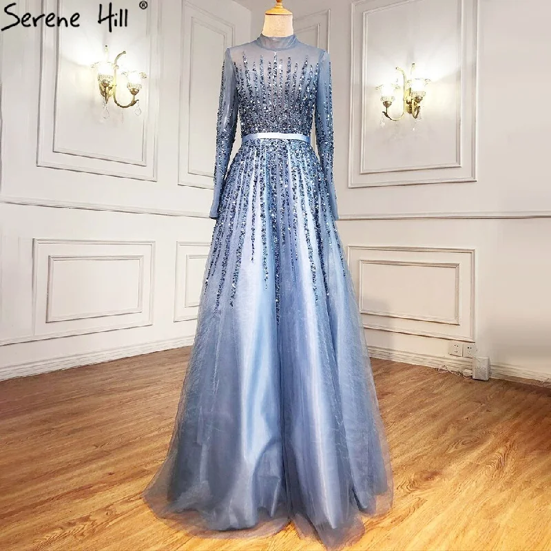 Extra Discounts Serene Hill Muslim Blue Luxury Beaded Crystal A-Line Evening Dresses Gowns 2024 Luxury Beaded Crystal For Women Party LA70927H