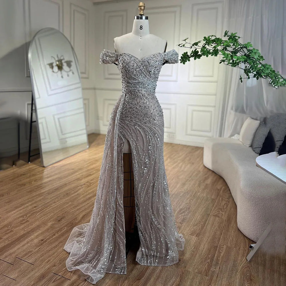 Daily Specials Serene Hill Arabic Silve Nude Mermaid High Split Beaded Luxury Dubai Evening Dresses Gowns For Women Wedding Party 2024 LA72262