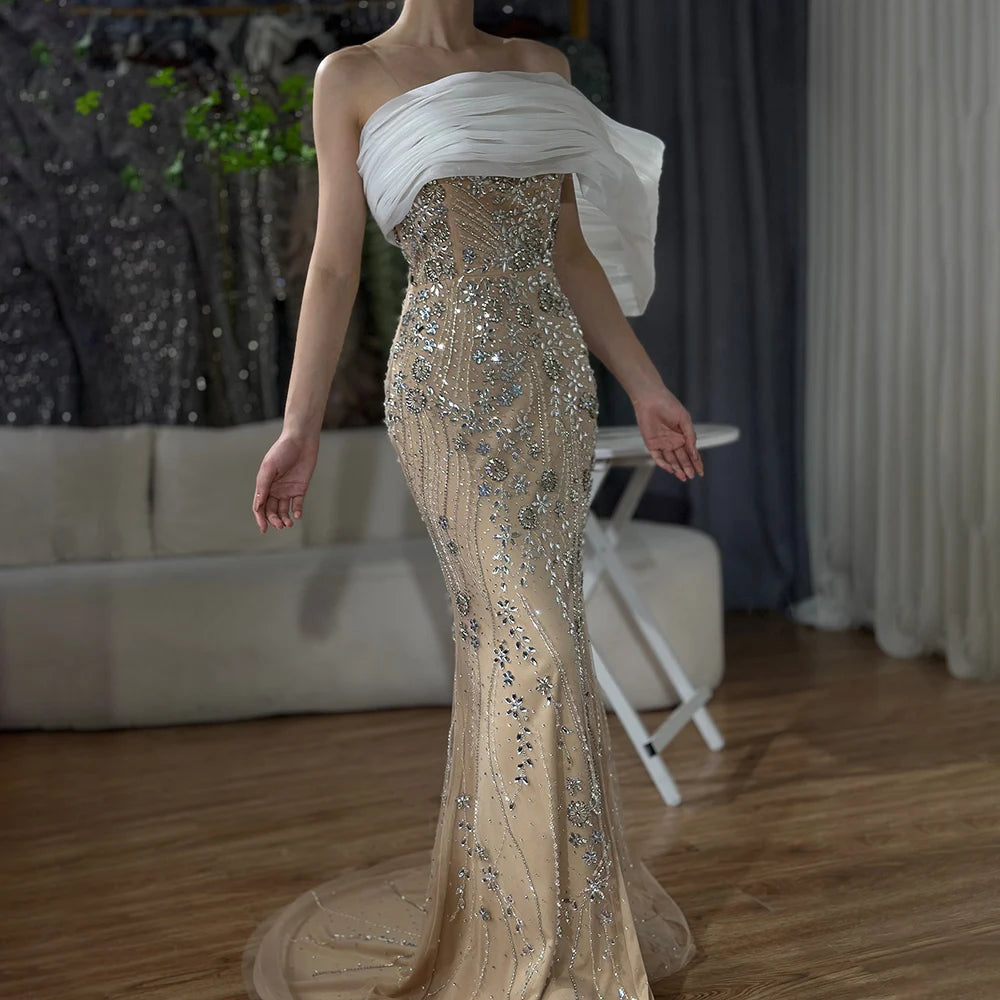 Factory Direct Sale Serene Hill 2024 Nude One Shoulder Split Saudi Arabic Evening Gown Beaded Dress for Formal Occasion LA72746