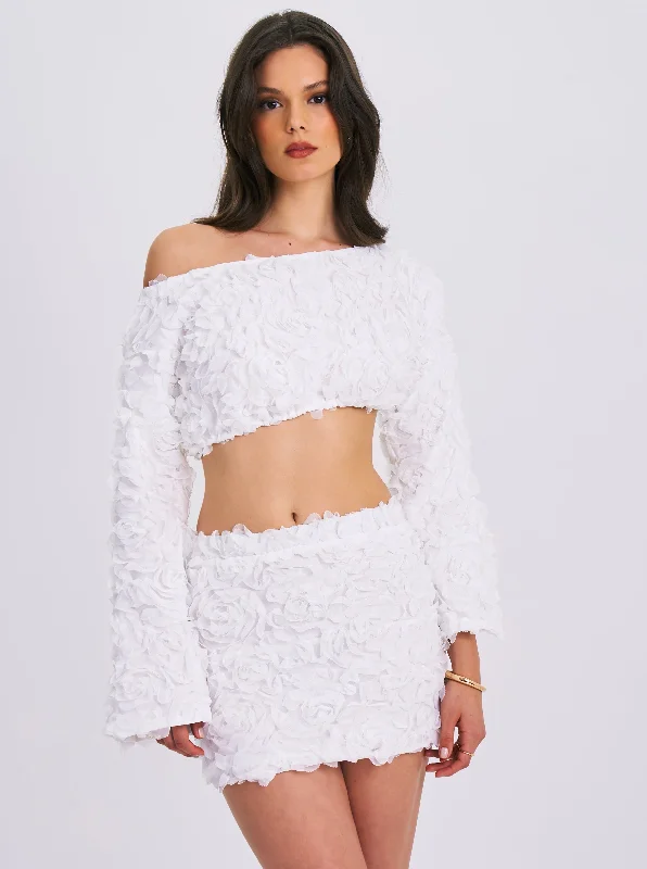 Take Advantage Qiana White Floral Appliqué Long Sleeve Off Shoulder Crop Top