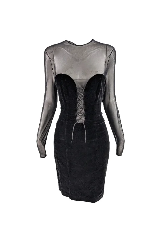 Holiday Sale Vintage Black Velvet & Sheer Mesh Plunge Dress, 1990s
