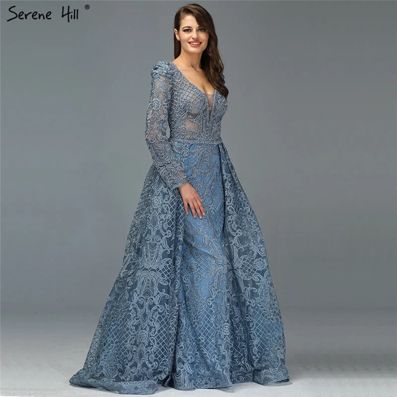 Super Bargain Dubai  Muslim Blue Luxury Long elegant  Evening Dresses 2024 Crystal Mermaid Evening Gowns Plus Size LA70159
