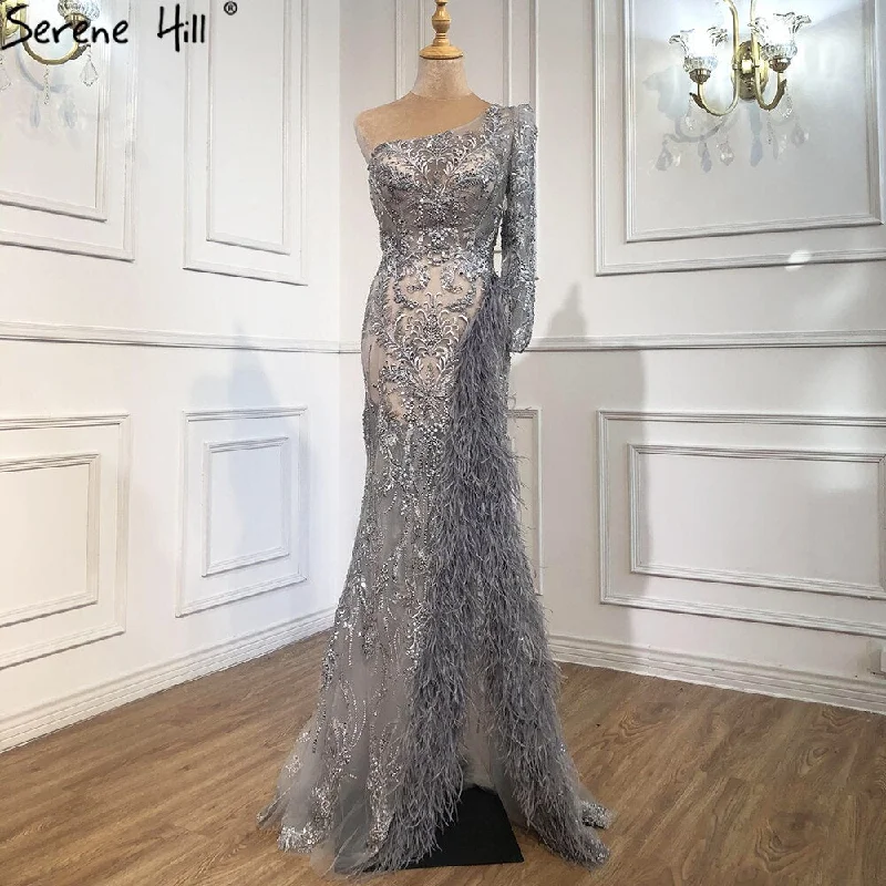 Sale Event Serene Hill Grey High Split Mermaid Sexy Evening Dresses 2024 One Shoulder Beading Feathers Formal Dress Design LA70691 Sale Event Serene Hill Grey High Split Mermaid Sexy Evening Dresses 2024 One Shoulder Beading Feathers Formal Dress Design LA70691