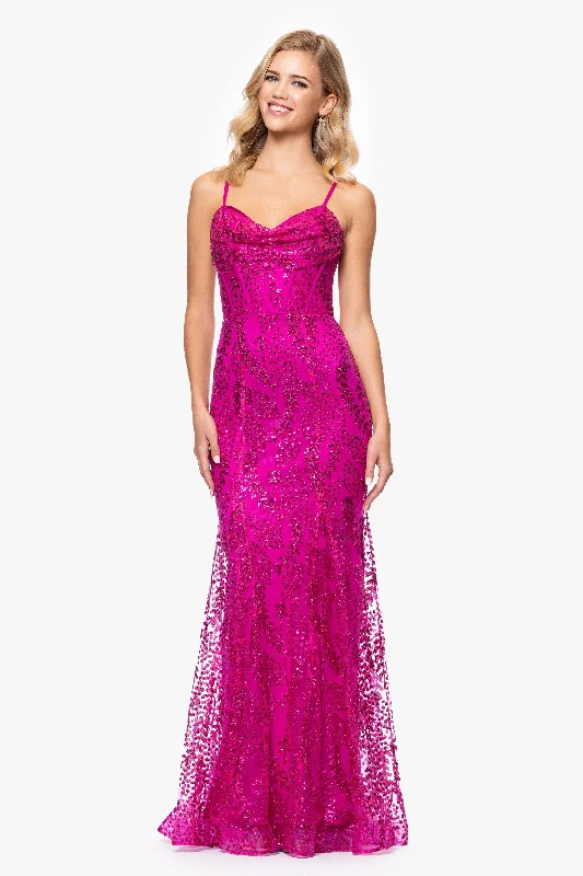 Price Rollback "Marissa" Long Glitter Mesh Lace Up Back Gown