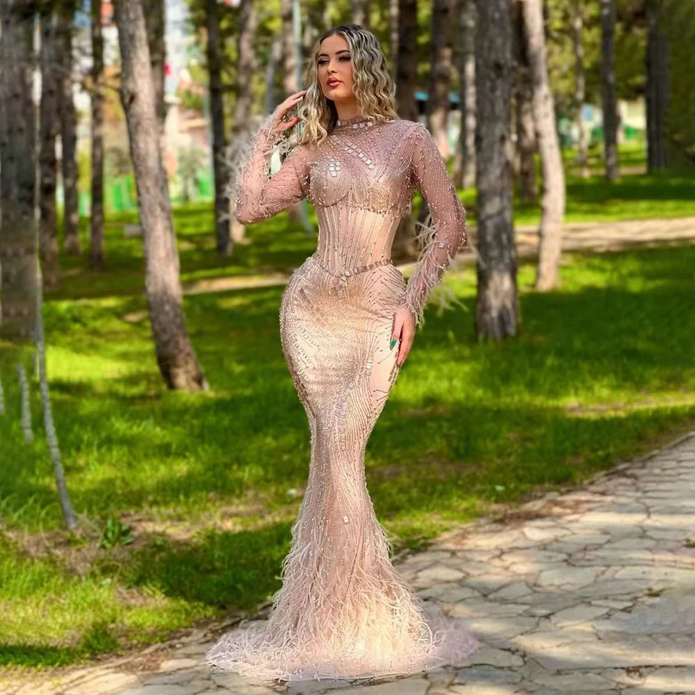 Quick Sale Serene Hill Dubai Gowns Nude Illusion Pearls Beaded Feathers Mermaid Long Evening Dresses 2024 for Women Wedding Party LA72245
