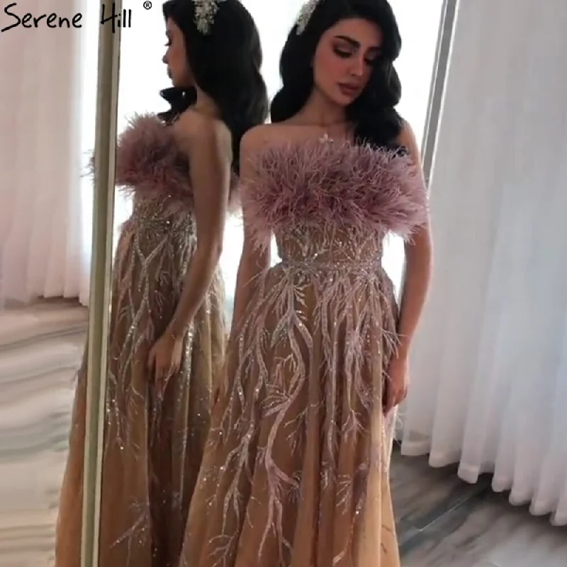 Discount Days Serene Hill Gold Luxury Strapless Evening Dresses Gowns 2024 Beading Feathers Sexy A-Line For Women Party LA71071 Discount Days Serene Hill Gold Luxury Strapless Evening Dresses Gowns 2024 Beading Feathers Sexy A-Line For Women Party LA71071