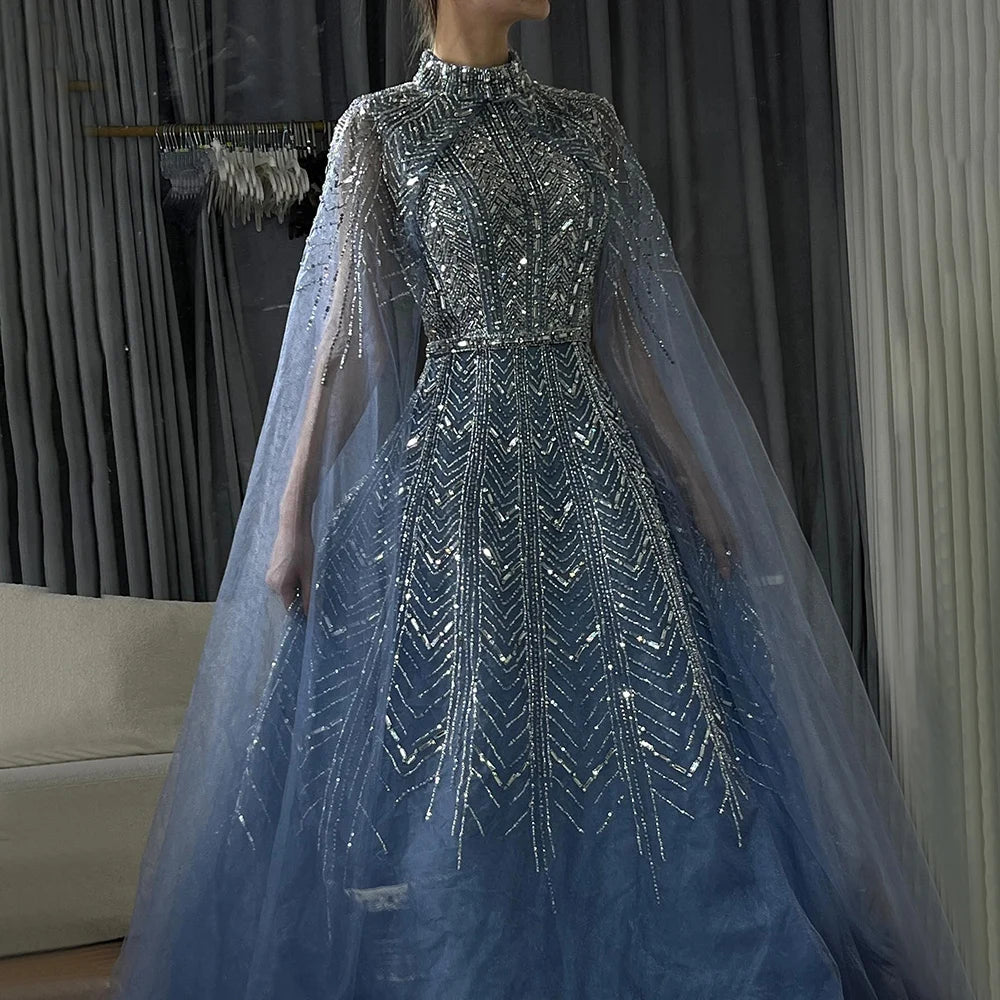 Flash Deals Serene Hill 2024 Blue Beaded Design A-Line Saudi Arabic Evening Dresses Gowns with Cape Sleeves for Formal Occasion LA72728 Flash Deals Serene Hill 2024 Blue Beaded Design A-Line Saudi Arabic Evening Dresses Gowns with Cape Sleeves for Formal Occasion LA72728