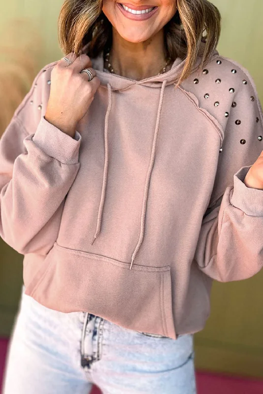 Bargain Prices Fushia Solid Color Rivet Stud Raglan Sleeve Hoodie with Pocket