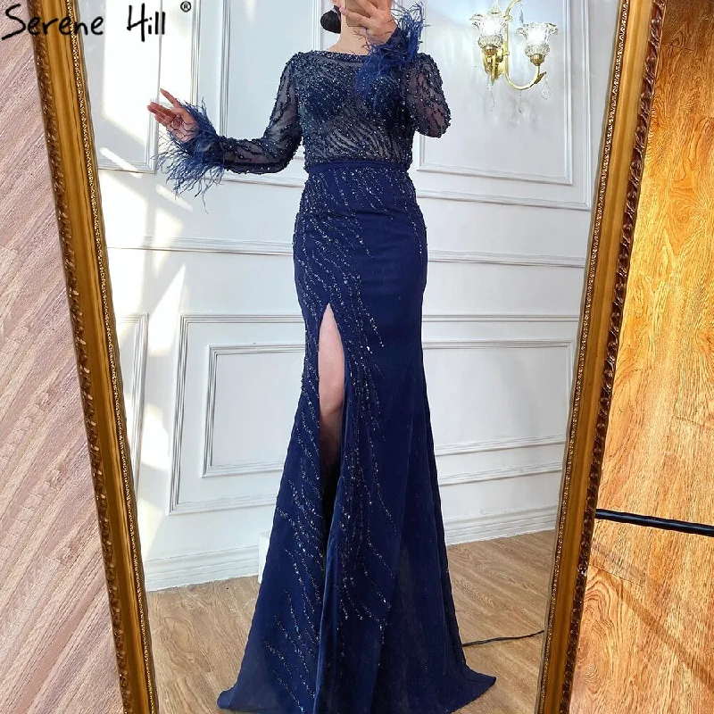 Incredible Offers Serene Hill Luxury Muslim Navy Blue Evening Dresses Gowns 2024 Elegant Meramaid Beading Feathers For Women Party  LA70978