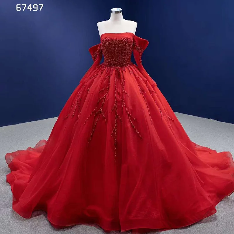 Don’t Miss Out Serene Hill Red Sexy Off Shoulder Pearls Luxury Beaded Ball Gown Bride Gowns Wedding Dress 2024 High End Custom Made HM67497