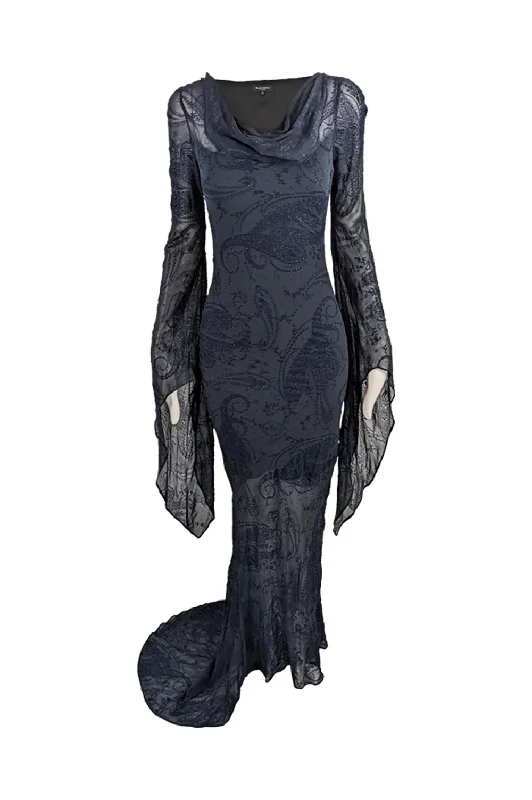 Limited Stock Ronit Zilkha Vintage Midnight Blue Silk Devore Witchy Dress, 2000s