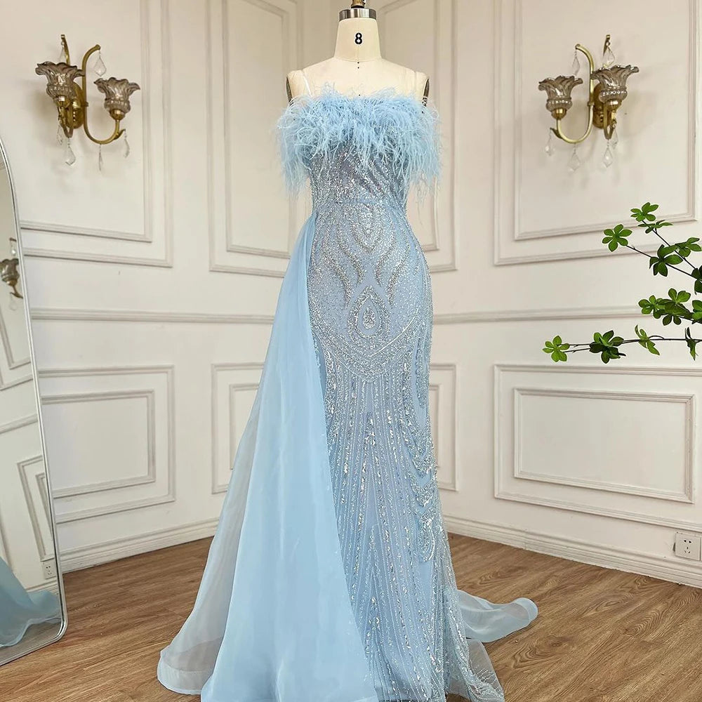 New Markdowns Serene Hill 2024 Arabic Blue Strapless Mermaid Evening Gown with Overskirt Feathers Beaded Dress for Women's Party LA72658 New Markdowns Serene Hill 2024 Arabic Blue Strapless Mermaid Evening Gown with Overskirt Feathers Beaded Dress for Women's Party LA72658