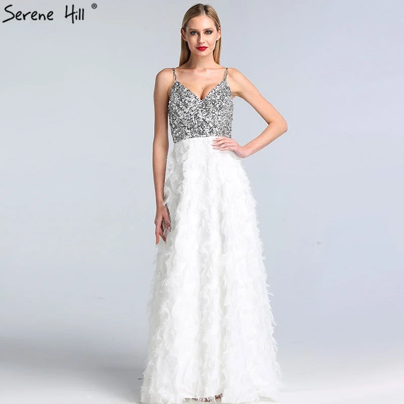 Deal Dash On Sale No Return No Refund Sale Dubai White V-Neck Backless Luxury Evening Dresses 2024 Sleevleess Sequined Tiered Formal Dress Serene Hill LA60955