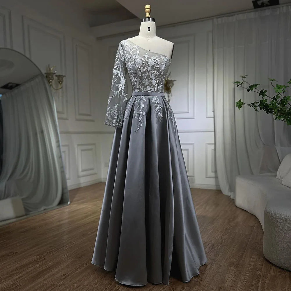 Overstock Sale Serene Hill 2024 Grey Satin Elegant Evening Dress One Shoulder Handmade Flowers A Line Formal Gown LA70043 Overstock Sale Serene Hill 2024 Grey Satin Elegant Evening Dress One Shoulder Handmade Flowers A Line Formal Gown LA70043