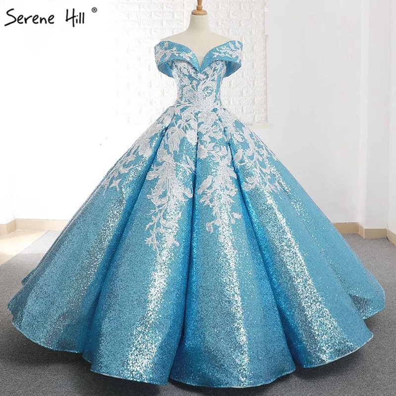 Time-Limited Offer Handmade Flowers Sequined SparkleWedding Dress Sky Blue Off Shoulder Sexy Fashion Bridal Gown