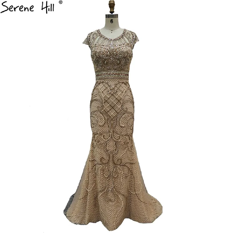 Clearance Event Serene Hill Gold Luxury Caps Sleeves Evening Dresses Gowns 2024 Mermaid Elegant Beading For Women Party LA70851