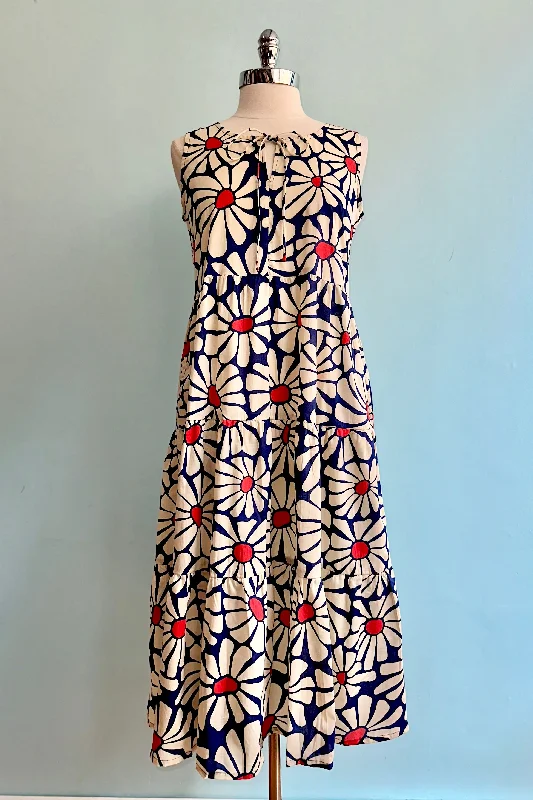Huge Savings Navy Daisy Floral Thais Tiered Midi Dress by Mata Traders