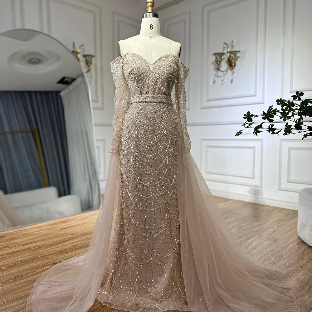 Weekend Flash Sale Serene Hill Customized Nude Mermaid Arabia Beaded Evening Dress Gown with Detachable Skirt for Formal Occasion 2024 LA72243A