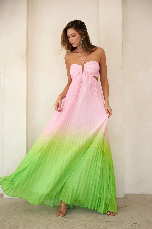 Special Savings Sweetheart neck pleated maxi halter dress LD1065