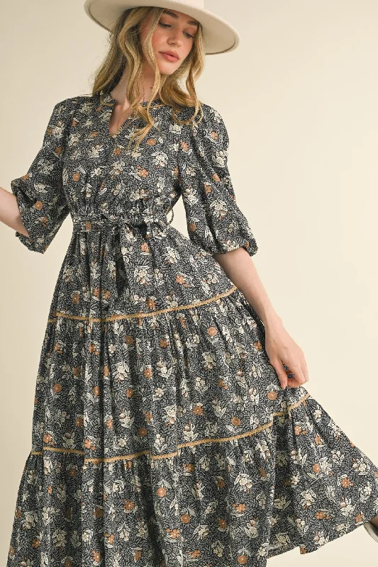 Super Sale Black Floral and Leaf Ric-Rac Trim Midi Dress
