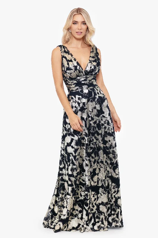 Hot Deal "Maria" Long Foil V-Neck Floor Length Dress
