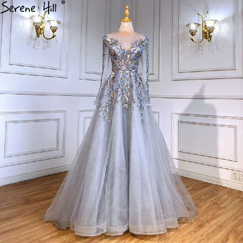 Fantastic Offers Serene Hill Gold Muslim Luxury Evening Dresses Gowns 2024 A-Line Beaded Sparkle For Women Party  LA71387