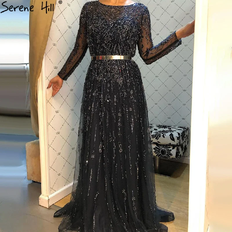 Special Savings Serene Hill Muslim Navy Blue Luxury Evening Dresses Gowns 2024 A-Line Beaded Crystal For Women Party LA71145