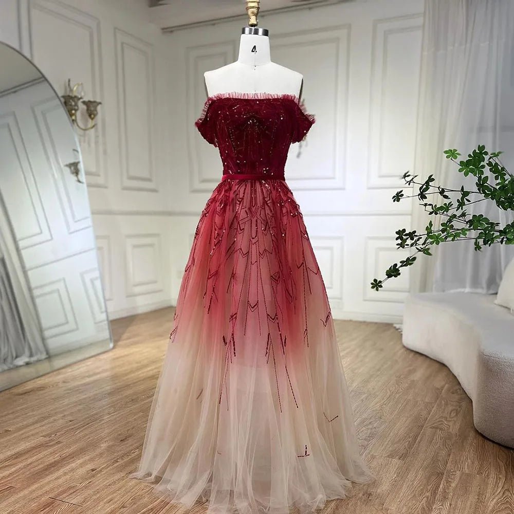 Stock Clearance Gradual Change Red A-Line Sexy Evening Dresses 2024 Beading Sequins Boat Neck Formal Dress Design Serene Hill LA70516
