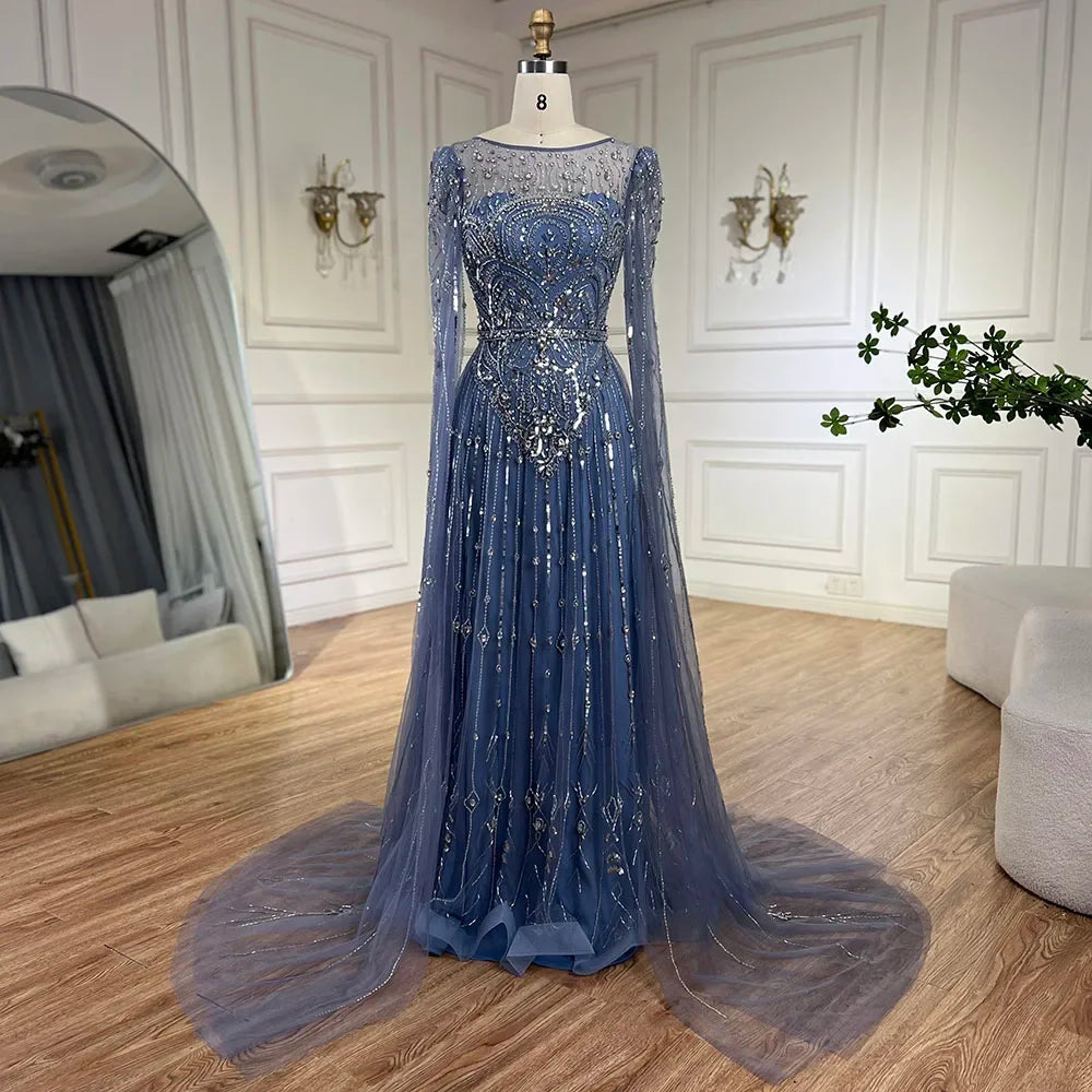 Price Reduction Serene Hill 2024 Luxury Dubai Blue Cape Sleeves Alina Beaded Stone Arabic Evening Gowns for Women Wedding Party LA72635