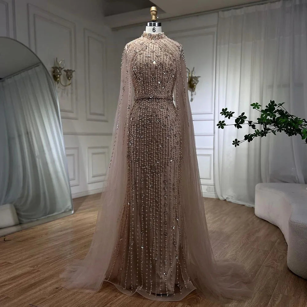 New Deals Serene Hill Muslim Nude Mermaid Cape Sleeves Pearls Beaded Luxury Dubai Evening Dresses Gowns 2024 Women Wedding Party LA72372