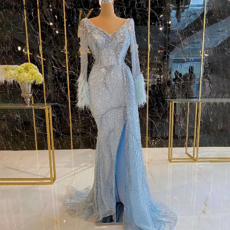 Today’s Special Serene Hill Dubai Blue Mermaid Feather Pearls Long Sleeves V-Neck Luxury Evening Dresses Gowns For Women Party 2024 2024 LA70533 Today’s Special Serene Hill Dubai Blue Mermaid Feather Pearls Long Sleeves V-Neck Luxury Evening Dresses Gowns For Women Party 2024 2024 LA70533