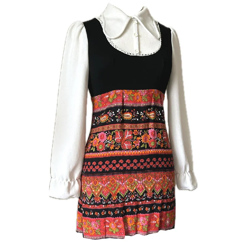 Extra Savings Mock pinafore early 1970s paisley border print beagle collar mini dress