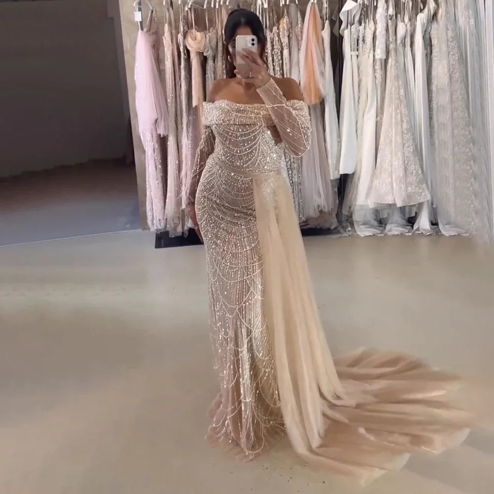 Unmissable Offer Serene Hill Arabia Nude Mermaid Boat Neck With Overskirt Luxury Evening Dresses Gowns 2024 For Women Wedding Party LA72254