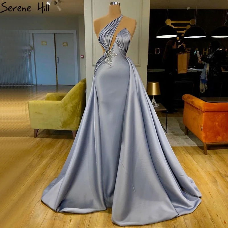 Crazy Savings Light Blue Mermaid One Shoulder Evening Dresses 2024 Satin Sleeveless Beading Lace Up Formal Dress Serene Hill LA70578