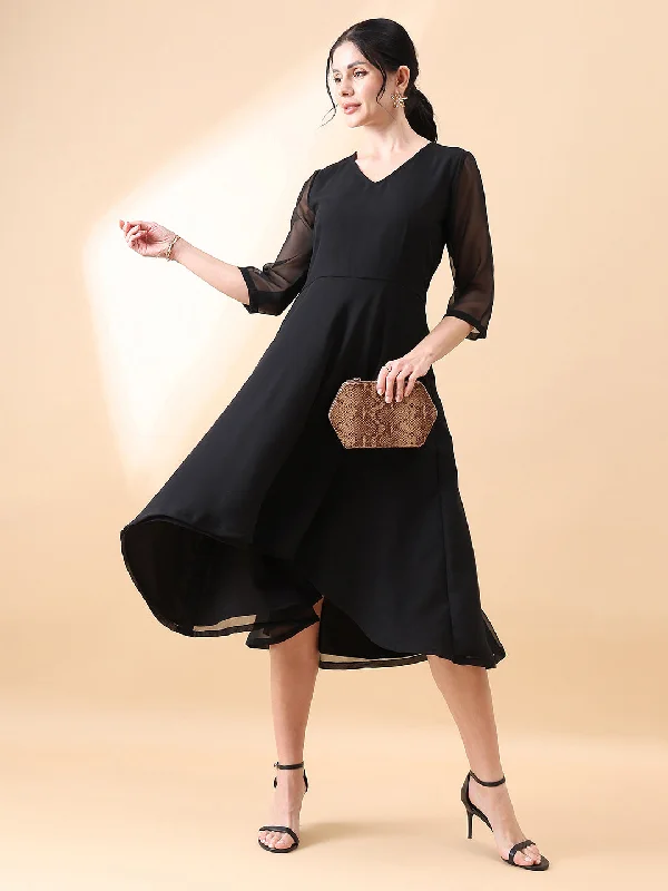 Low Prices Straight Fit A line Flared Dress - Black