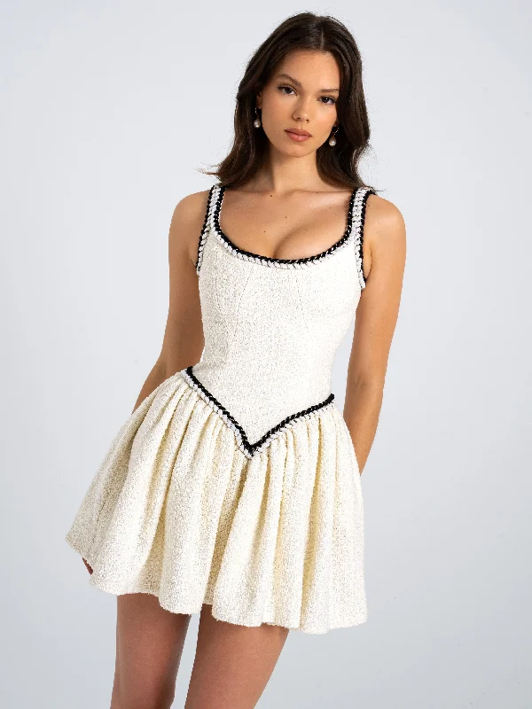 Bargain Bin Coco White Boucle Tweed V Waist Mini Dress