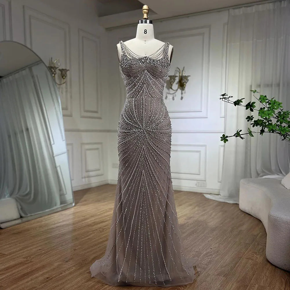 Markdown Madness Serene Hill Arabic Nude Spaghetti Strap Mermaid Evening Dresses Gowns Luxury Pearls Beaded For Women Wedding Party 2024 LA72356