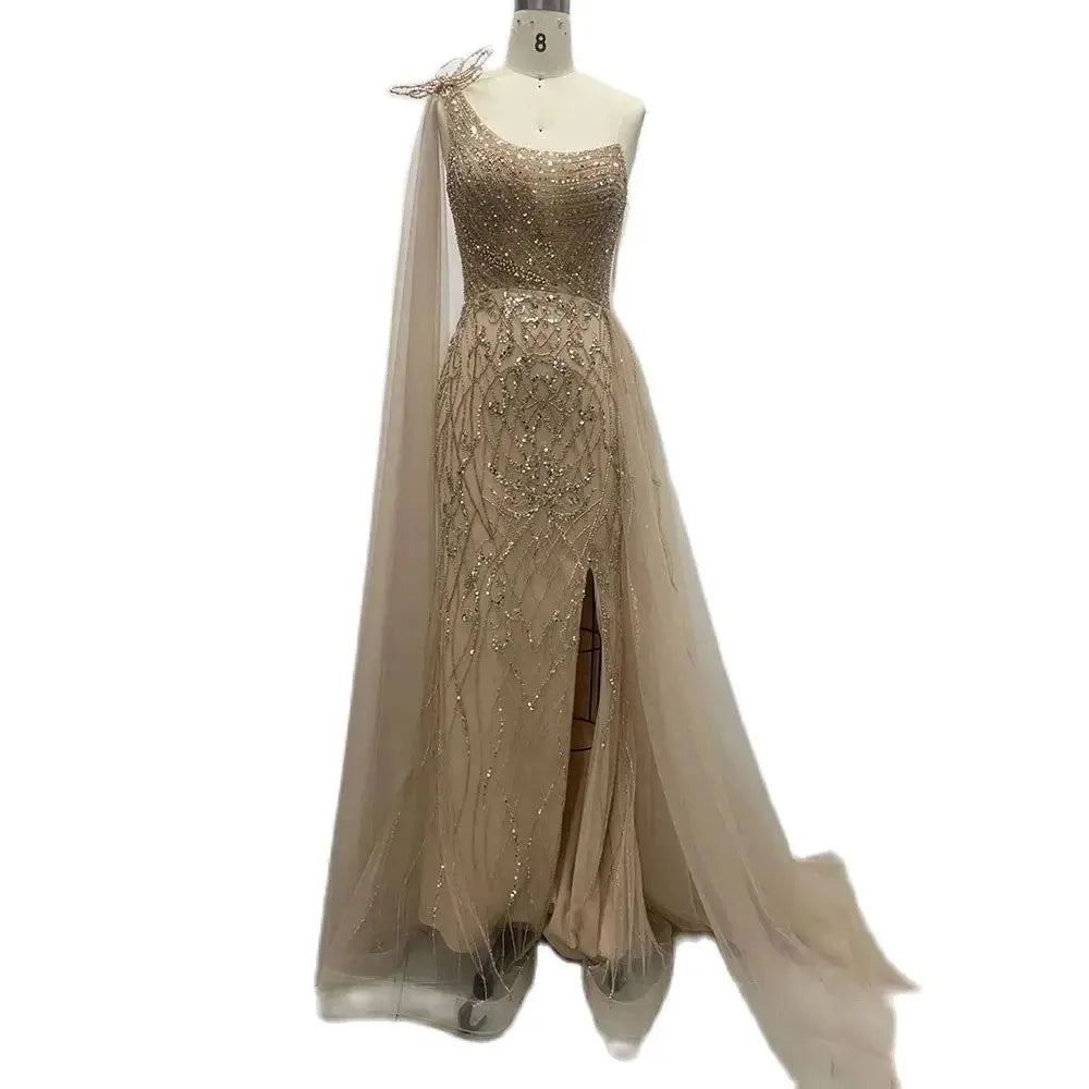 Can't Miss Serene Hill Nude Arabic Evening Dress Side Train One Shoulder Mermaid for Women's Formal Prom Wedding Party Gowns 2024 LA72442